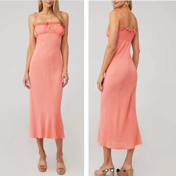 CLEOBELLA Coral Peach Pink Polka Dot Emily Sleeveless Midi Slip Dress Size Small - Picture 1 of 11